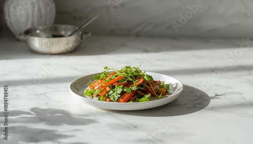 Fresh Vegetable Salad on a White Plate With Natural Light in a Kitchen Setting