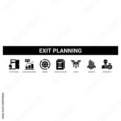 Exit Planning web banner icon set collection solid style.