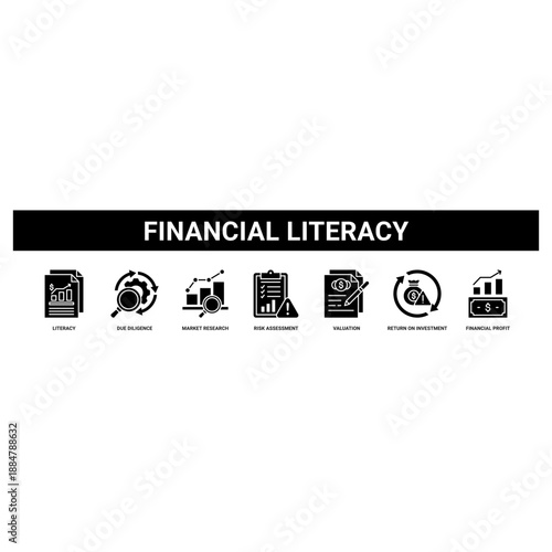 Financial Literacy web banner icon set collection solid style.