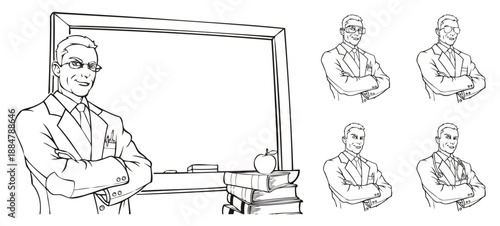 The Scholarly Figure: An enigmatic figure, possibly a teacher or professor, poses before a chalkboard, exuding an aura of intellect and intrigue.