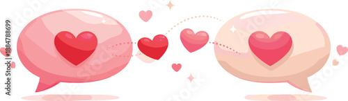 Love Message Signals. Soft message bubbles exchanging heart-shaped signals in gentle motion, modern flat vector illustration