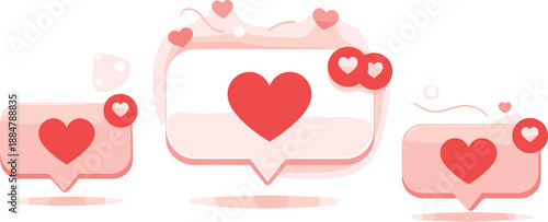 Love Notification Bubbles. Floating notification bubbles emitting heart-shaped alerts in a soft digital rhythm, modern flat vector