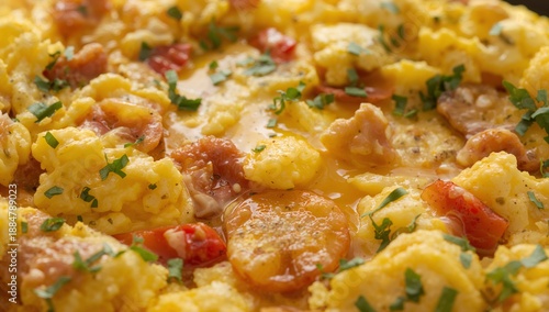Cooking Scrambled Eggs With Vegetables in a Pan on a Stove at Breakfast Time