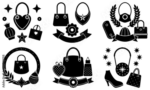 Collection of handbags and accessories with decorative on white background purse accessory