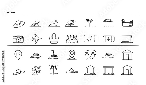 Minimal travel and beach thin line icons with editable strokes for summer branding
