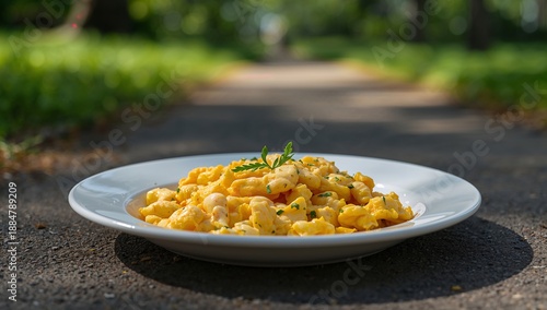 Pasta Dish With Yellow Sauce and Herbs Placed on a Walkway During Daylight