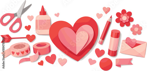 DIY Valentine Crafts. Handcrafted Valentine composition built from cut paper hearts and simple craft shapes, modern flat vector