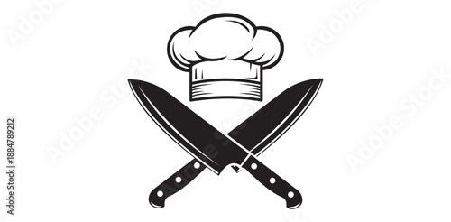 Expert chef culinary art design professional kitchen tools cooking gastronomy icon crossed sharp knives hat restaurant