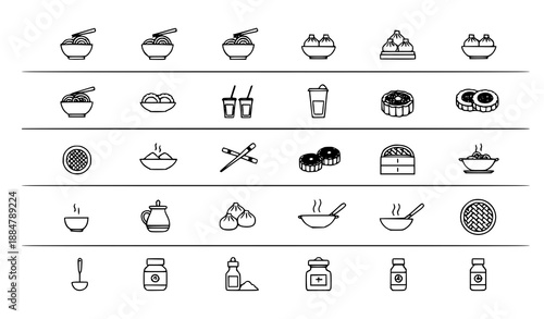 Minimal Chinese food outline icons with editable stroke for UI UX restaurant and recipe design