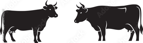 Farm Animal Black Cow Silhouettes, Rural Livestock Icons for Agriculture and Dairy Themes