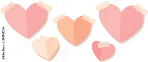 Tape Hearts Artistry. Paper heart shapes lightly fixed with visible tape strips creating a cozy handmade look, modern flat vector