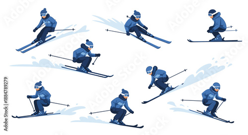 A dynamic compilation of skiers in various action poses, demonstrating different techniques and movements on a snowy slope, perfect for winter sports.