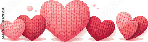 Knitted Heart Illustration. Soft knitted heart shapes with visible yarn loops and cozy texture, modern flat vector illustration