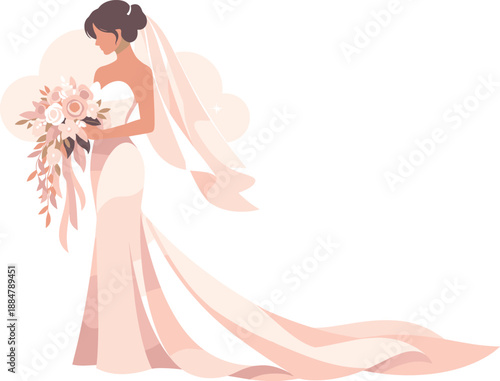 Bridal Elegance Illustration. Elegant bride silhouette holding a flowing bouquet with soft romantic posture, modern flat vector
