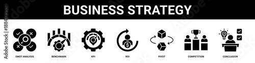 Business Strategy web banner icon set collection solid style.