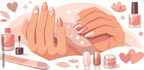 Elegant Nail Art. Stylish nail art display featuring manicured hands with glossy patterns and soft romantic accents, modern flat