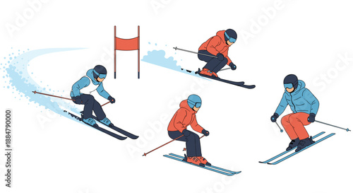 A collection of skiers demonstrating various racing techniques and competitive poses on a snowy course, emphasizing speed and precision in winter sports.