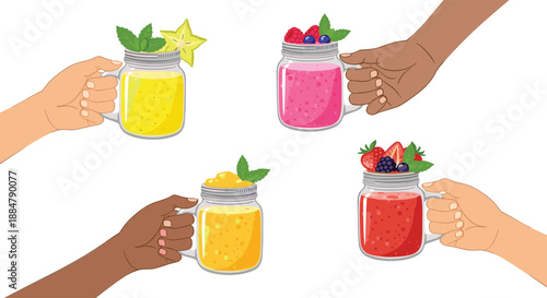 A vibrant array of diverse hands holding refreshing fruit smoothies in mason jars, garnished with fresh fruits and mint, symbolizing health and variety.