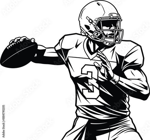 American football quarterback silhouette throwing pass in powerful motion, professional gridiron action pose, dynamic athletic sport illustration isolated on white background