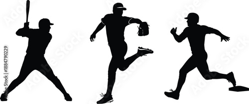 Baseball players silhouette set with batter, pitcher, and runner in action poses, dynamic professional team sport illustration isolated on white background