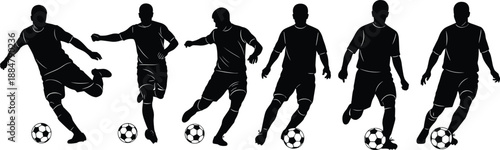 Soccer players silhouette set dribbling and kicking ball in multiple action poses, dynamic football movement sequence, professional team sport illustration isolated on white