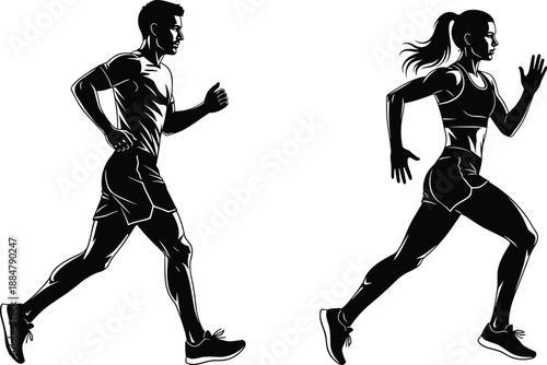 Male and female runners silhouette set jogging in dynamic motion, fitness training and endurance concept, modern athletic sport illustration isolated on white background