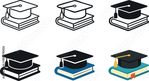 Image Generation. Academic knowledge symbol illustrating a study book and mortarboard motif arranged six times in a neat two by