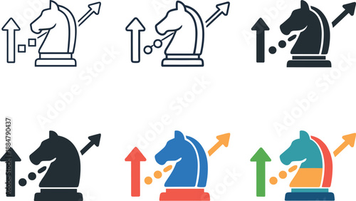 Image Generation. Corporate planning symbol illustrating a strategic chess horse and directional growth marks arranged six times