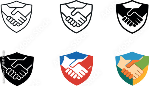 Image Generation. Reliability assurance symbol illustrating joined hands inside a safety emblem arranged six times in a neat two