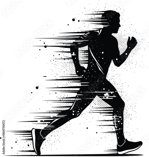 Running athlete silhouette in fast motion with abstract speed lines, dynamic sprint action, endurance training concept, modern sports illustration isolated on white