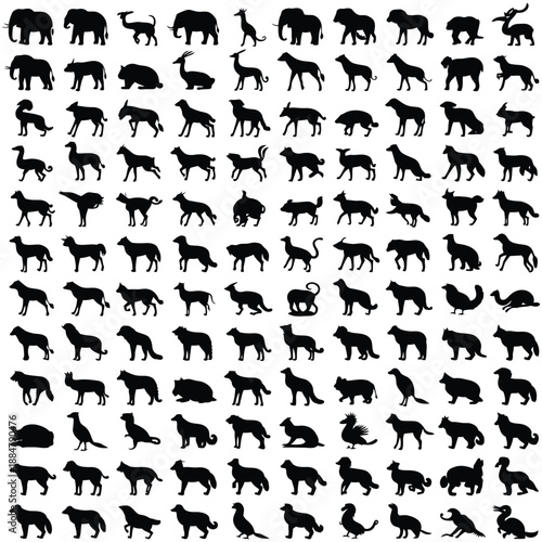 Set of black animal silhouettes including dogs cats and wild animals