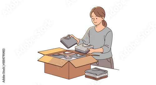 A woman neatly folding clothes and placing them into a cardboard box, illustrating packing, organizing, or preparing items for donation or moving.