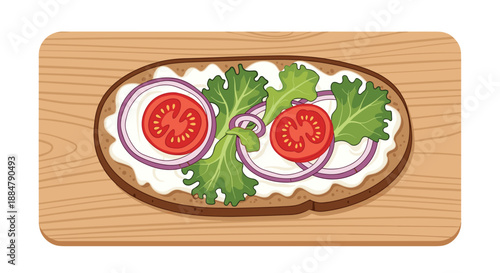 A colorful open-faced sandwich on a wooden cutting board, topped with cream cheese, red onions, lettuce, and fresh tomato slices, perfect for a healthy snack.