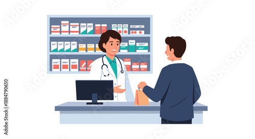 A professional female pharmacist handing a bag of dispensed medication to a smiling male customer at the counter, ensuring customer satisfaction.