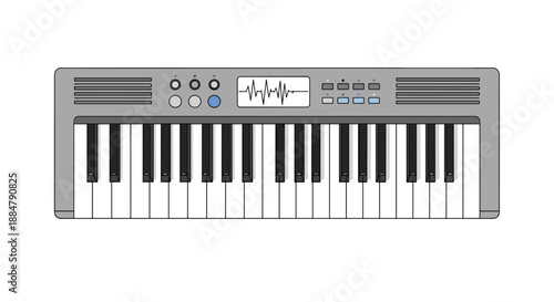 A sleek, flat design of an electronic keyboard piano, featuring a clear display with a waveform and various control buttons, ideal for music creation.