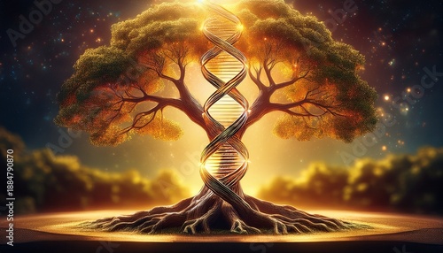 golden light bathes a majestic tree with an integrated dna helix a powerful visual symbolizing the deep roots of science and the path to a healthy life