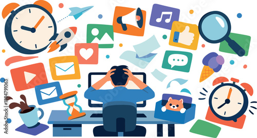 Image Generation. Workplace scene drifting into chaos as abstract app-shaped tiles float around a desk-bound worker, attention