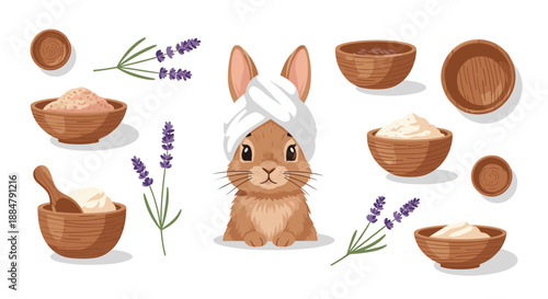 An adorable rabbit wearing a small white towel on its head, surrounded by spa-like elements such as wooden bowls of salts and lavender sprigs, symbolizing relaxation and self-care.