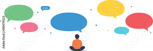 Image Generation. Quiet digital landscape unfolding in open space where a solitary figure sits surrounded by floating message