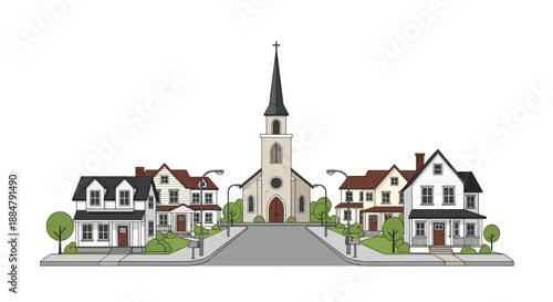 A welcoming illustration of a classic suburban street, lined with comfortable houses and anchored by a central church with a tall spire, depicting community and tranquility.