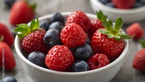Fresh Strawberries and Blueberries in a White Bowl on a Gray Surface With Mor...