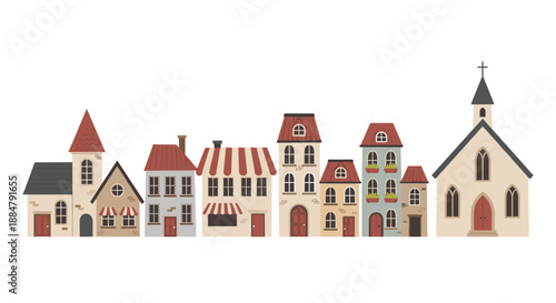 A delightful illustration of a quaint European-style town street, adorned with charming houses and a traditional church, evoking a sense of heritage and community.