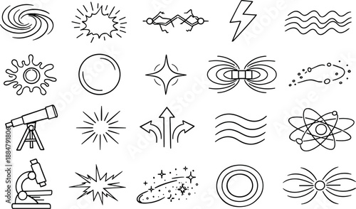 Image Generation. Line style icons of hypothetical life in plasma state: plasma swirl, glowing aura, electric arc, lightning bolt,