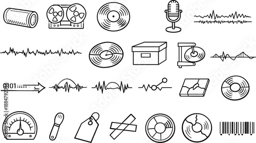 Image Generation. Line vector icons of archival audio sources: wax cylinder, reel-to-reel tape, shellac disc, early mic, noise