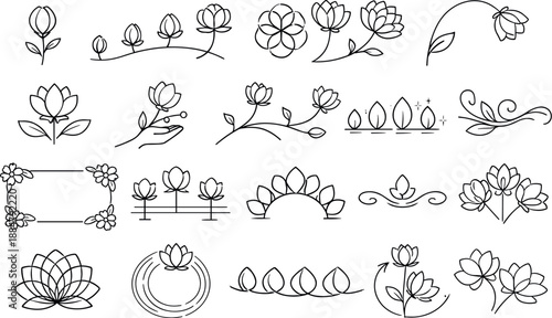 Image Generation. Line vector icons of narrative floral interfaces: symbolic bud, growth-to-bloom line, narrative petal ring,