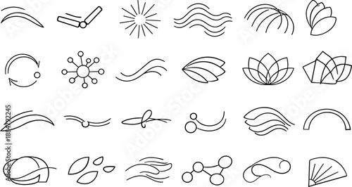 Image Generation. Line vector icons of organic interface motions: soft unfold arc, smooth hinge icon, radial growth, organic