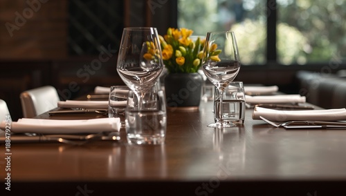 Table Setting With Glasses and Flowers in a Dining Area During the Day in a R...