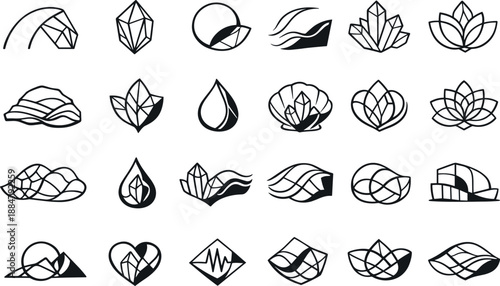 Image Generation. Line vector icons of organic–geometric interaction: natural arc, rigid facet, blended geometry, curved boundary,
