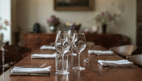 Table Setting With Glasses and Flowers in a Dining Area During the Day in a R...