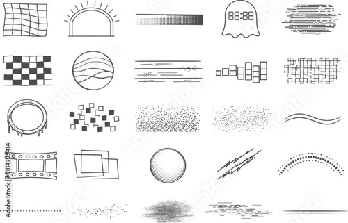 Time-Worn Icons. Line vector icons of stream-aging symbols: time-warp tile, aging frame arc, luma-fade band, retro timestamp ghost